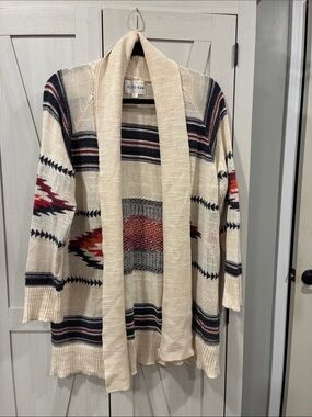 Olive & Oak Cream Open-Front Cardigan with Red and Navy Aztec Accents